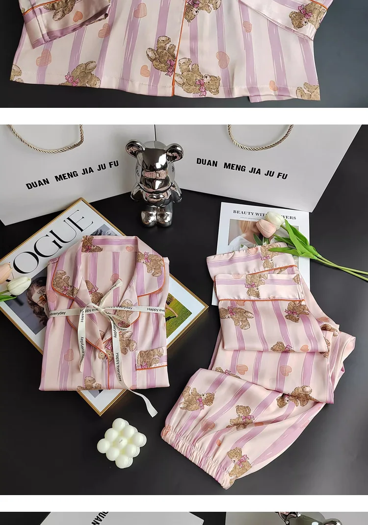 Herbst und Winter Damen Pyjamas Cartoon Rosa Gestreift Bär Pyjamas Strickjacken Lange Ärmel Hosen Loungewear Zweiteiliges Set – Detail 7