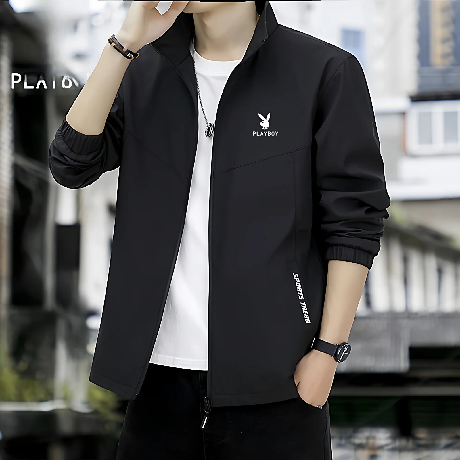 

Мужская повседневная куртка на тонкой флисовой подкладке с воротником-стойкой, весна-осень, новая модель, свободный крой, полиэстер, длинный рукав, на молнии