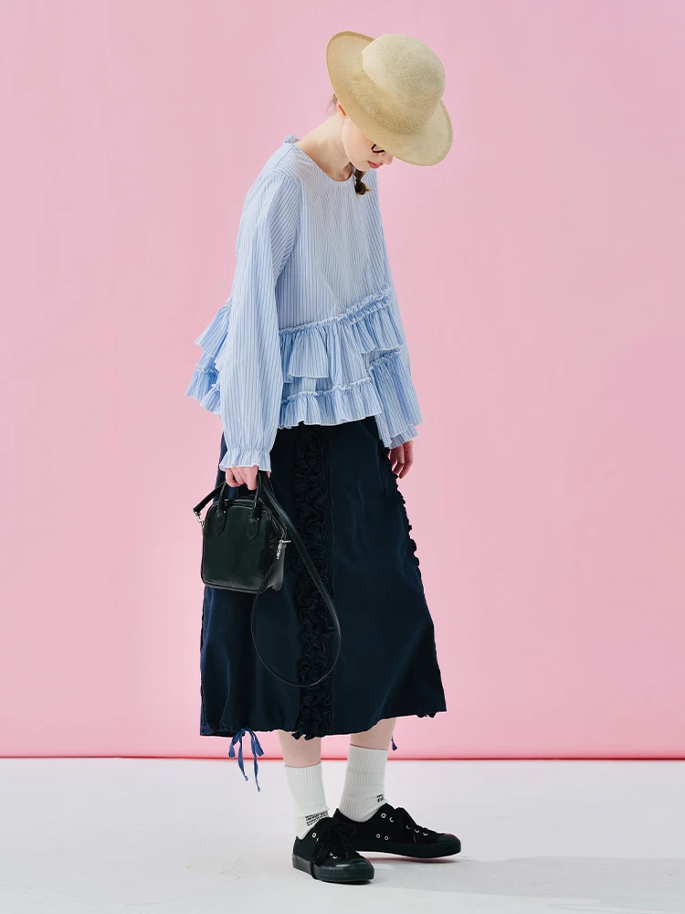 Elegante falda midi plisada azul marino Diseño único en forma de brote Ideal para reuniones casuales Exuding Charming Temperame 244966