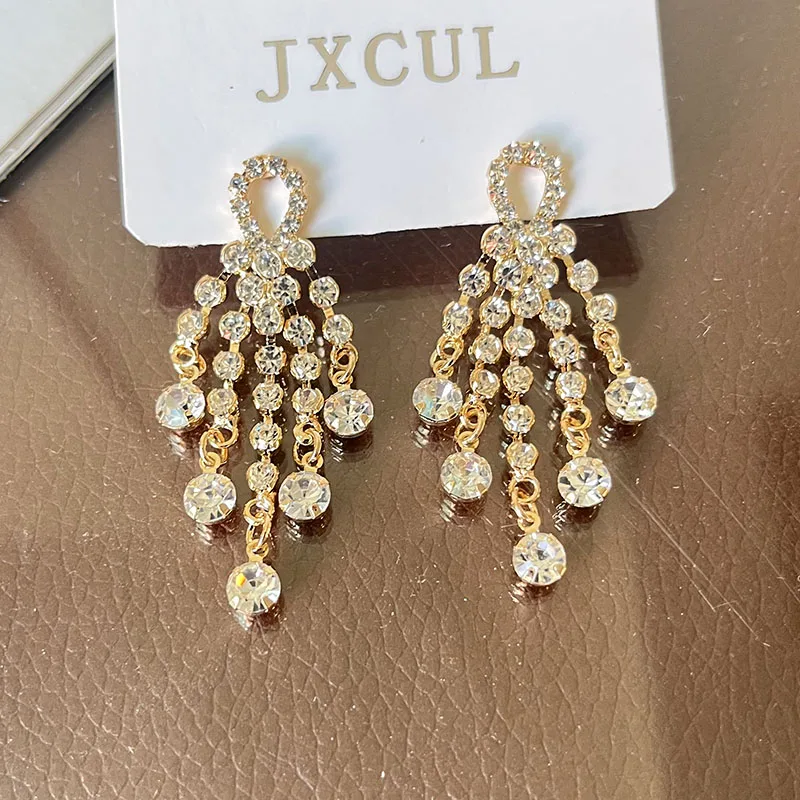 

Luxury Rhinestone Tassel Drop Earrings Statement Jewelry for Women Bling Crystal Water Drop Dangle Earrings Wedding Accessories