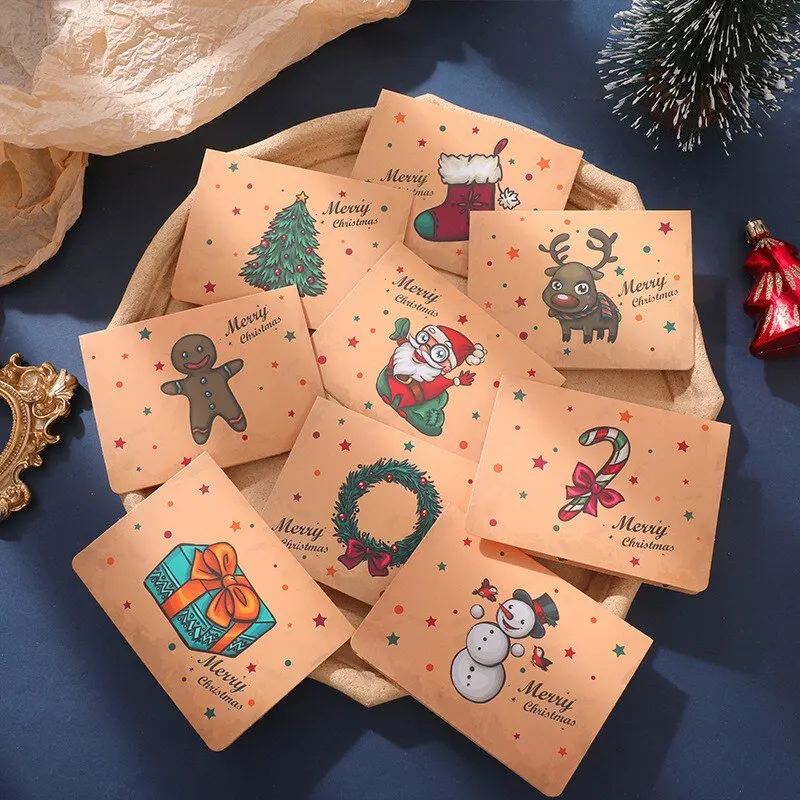 6/9Set Christmas Greeting Cards Santa Claus Snowman Blessings Half-fold Gift Cards Envelopes with Stickers Christmas Decoration