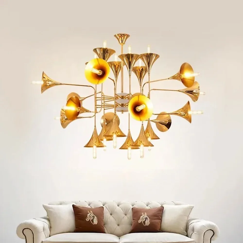 

Gold Trumpet Pendant Lamps Multi Heads Chandeliers Flared Trumpet Lamp Chandelier Kitchen Exhibition Hall Study Drawing Room