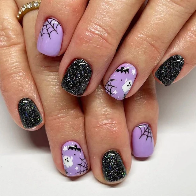 Halloween press on nails | web nails | black nails | order spider web nails | marble nails | white nails | bling nails | Press on Nails | nails