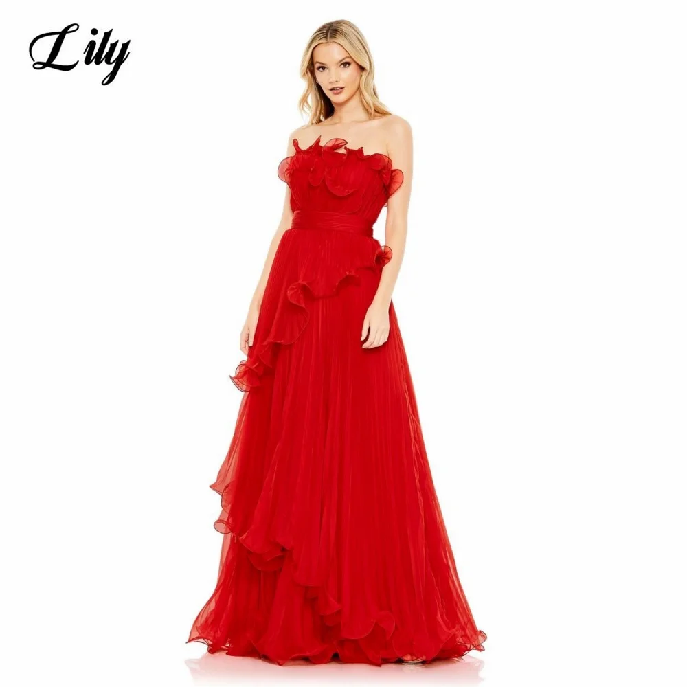 

Lily Red Strapless Evening Dress Pleated Chiffon Ruffle Neckline A-Line Flowy Floor-Length Formal Prom Gown for Party Customized