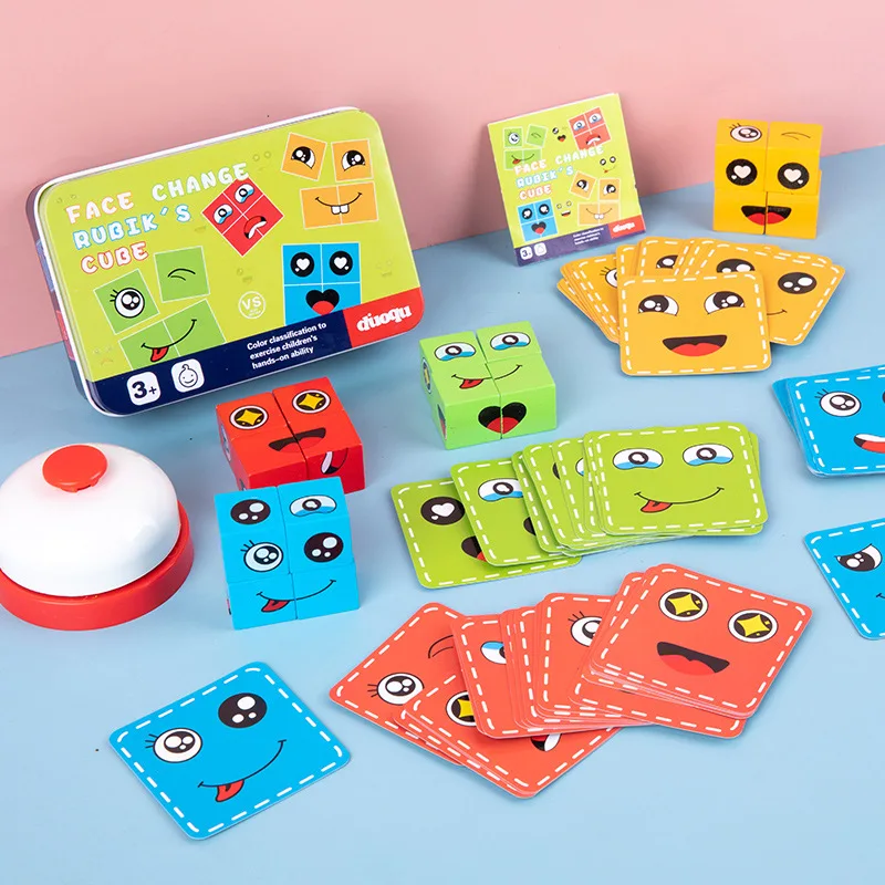 Juego de rompecabezas de cubo de cambio de cara para niños, juguetes educativos, expresiones de emoción, juegos de bloques para niños, juguete Montessori de Aprendizaje Temprano