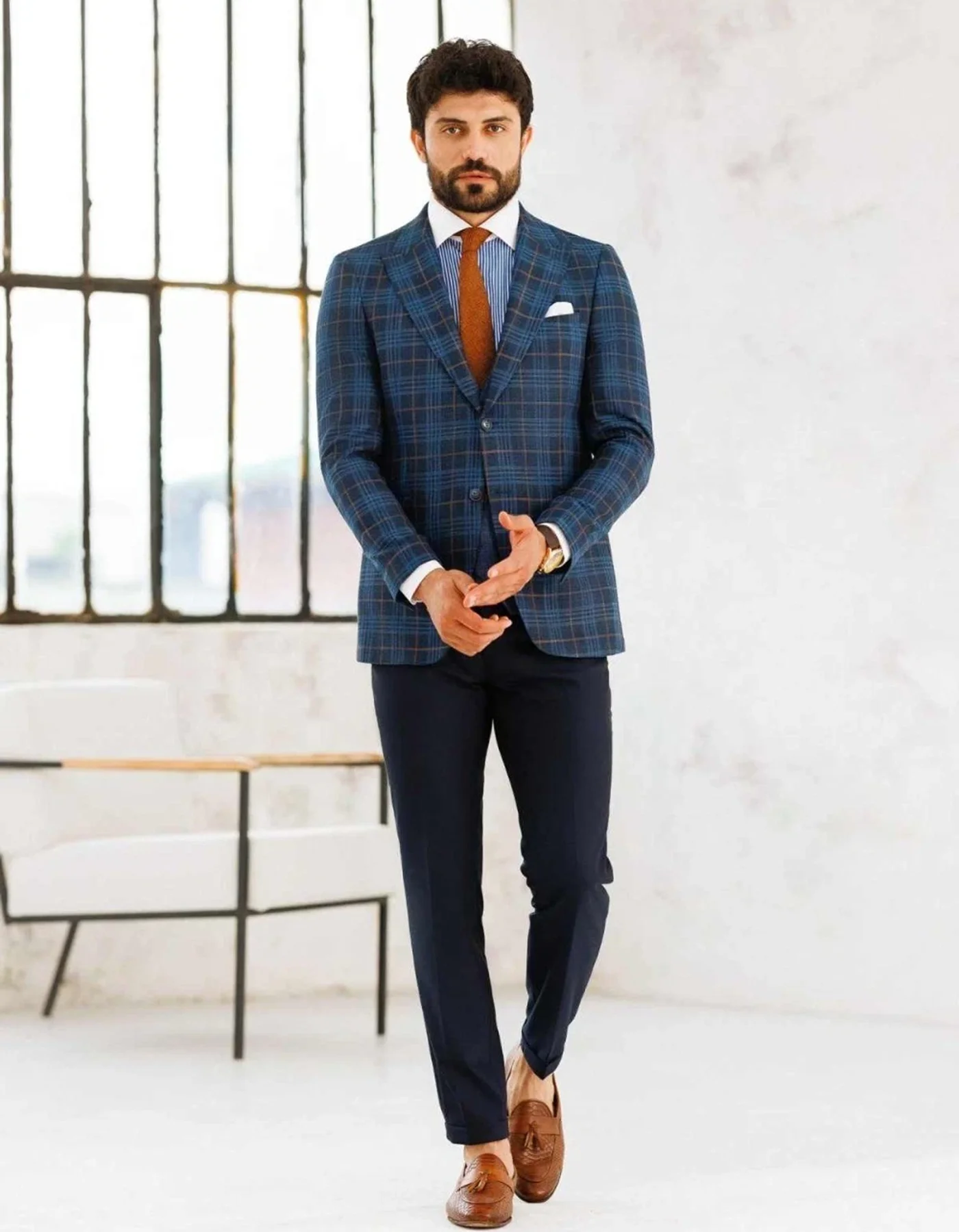 Vinate Men Check Suit Business Street Style 2 Piece Sets Jacket Single Breasted Peak Lapel Urban Commuter Black Pants Customized