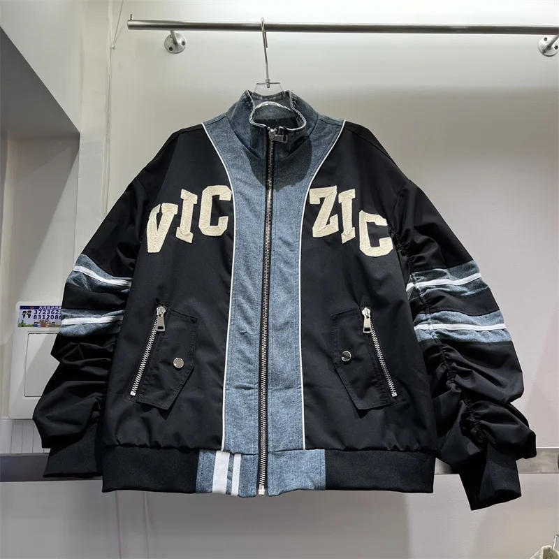 American Street Contrast Color Stand Collar Women Denim Jacket 2026 New Autumn Vintage Embroidery Letters Loose Cardigans Coat