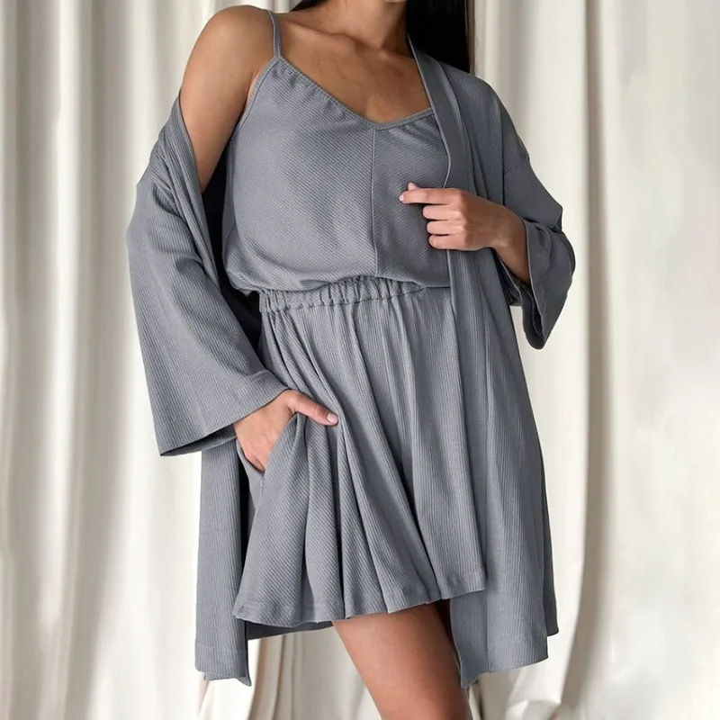 European American Women's Three Piece Pajama Set Knitted Long Sleeve Nightgown with Suspender Shorts Stylish Pit Stripes L Size