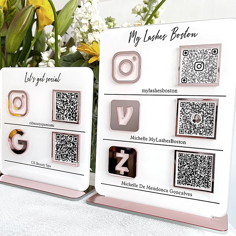 Custom Light Pink Mirror Business Sign Qr Code Media Salon  Beauty Hairdressers Beautician Sign Instagram Facebook