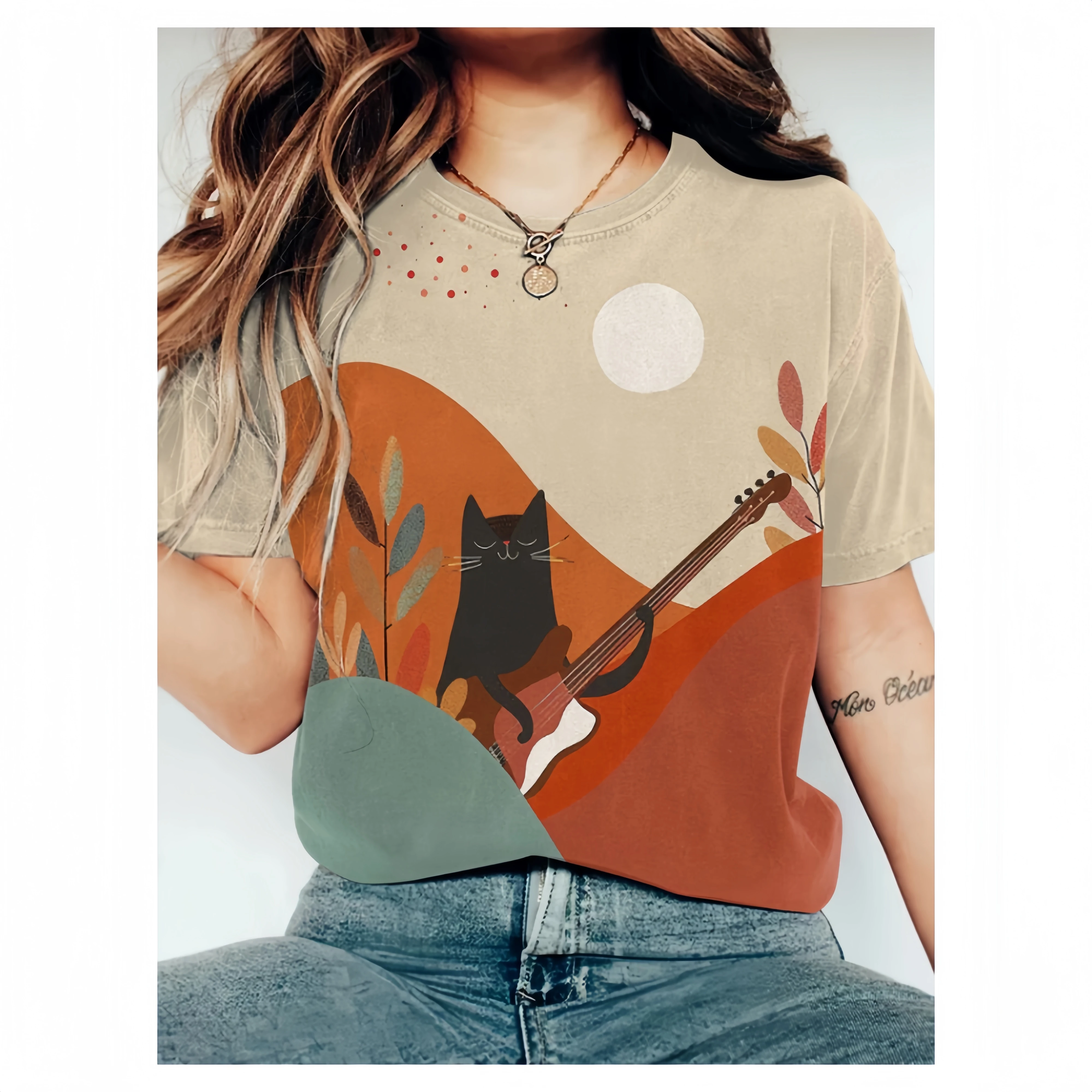 Women O Neck Short Sleeved T-Shirt Abstract Creative Cute Cat Play Guitar Painting Art