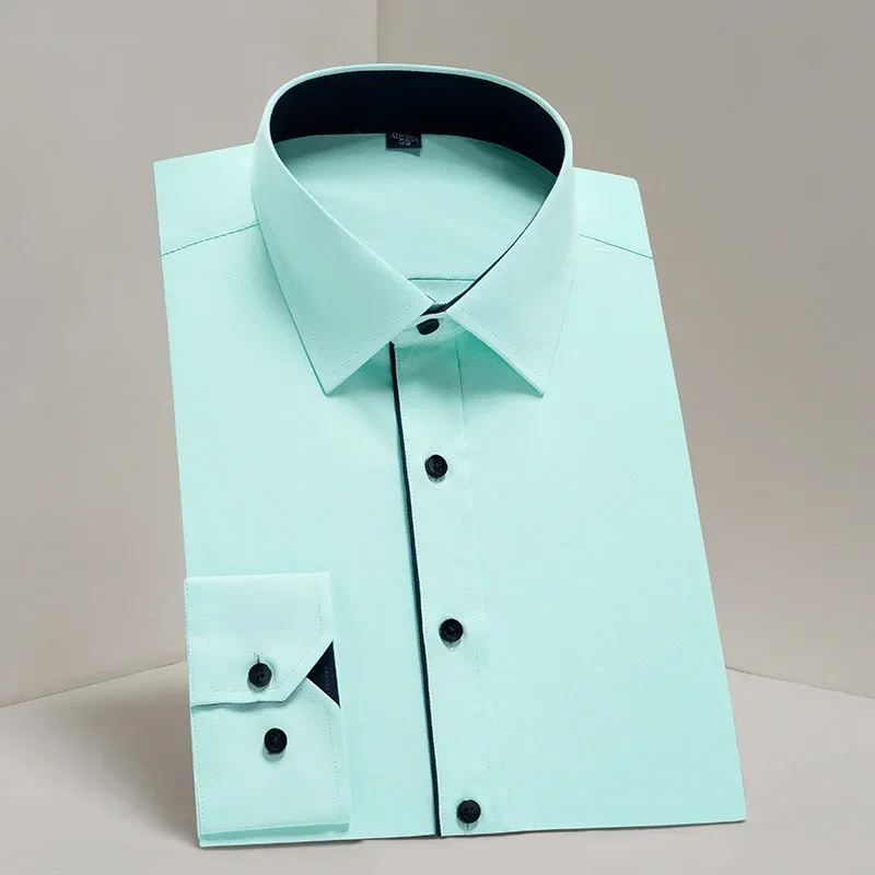 

Easy Care Long Sleeve Men's Work Shirt Solid Twill Basical Office Male Formal Shirts without Front Pocket Black Button Patchwork