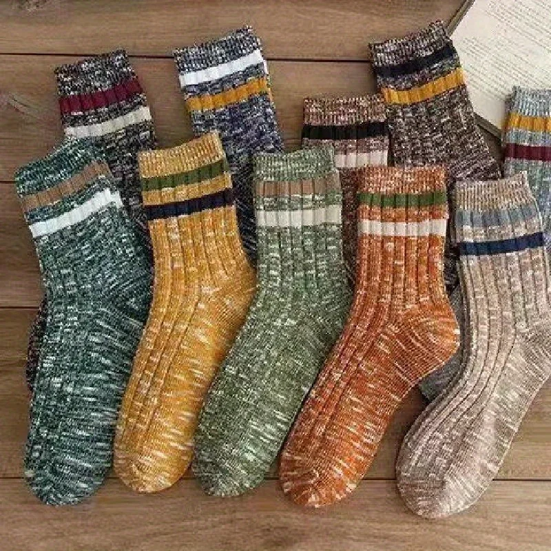 10 pairs of solid color retro national wind tube casual double needle thick line mens socks