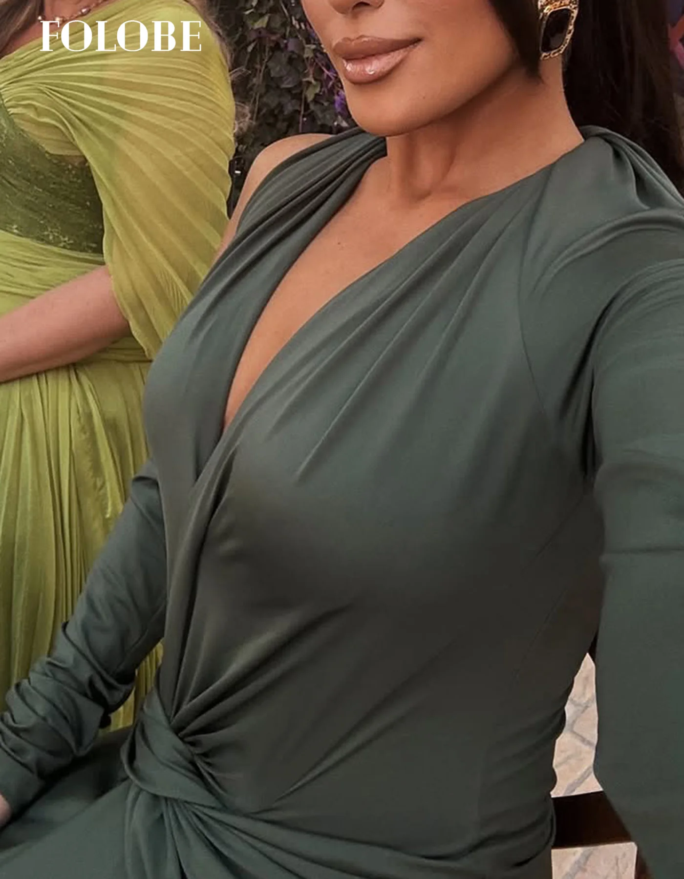 FOLOBE V 넥 간단한 이브닝 드레스 인어 풀 슬리브 그린 플리츠 댄스 파티 드레스 여성용 인어 웨딩 드레스 맞춤형