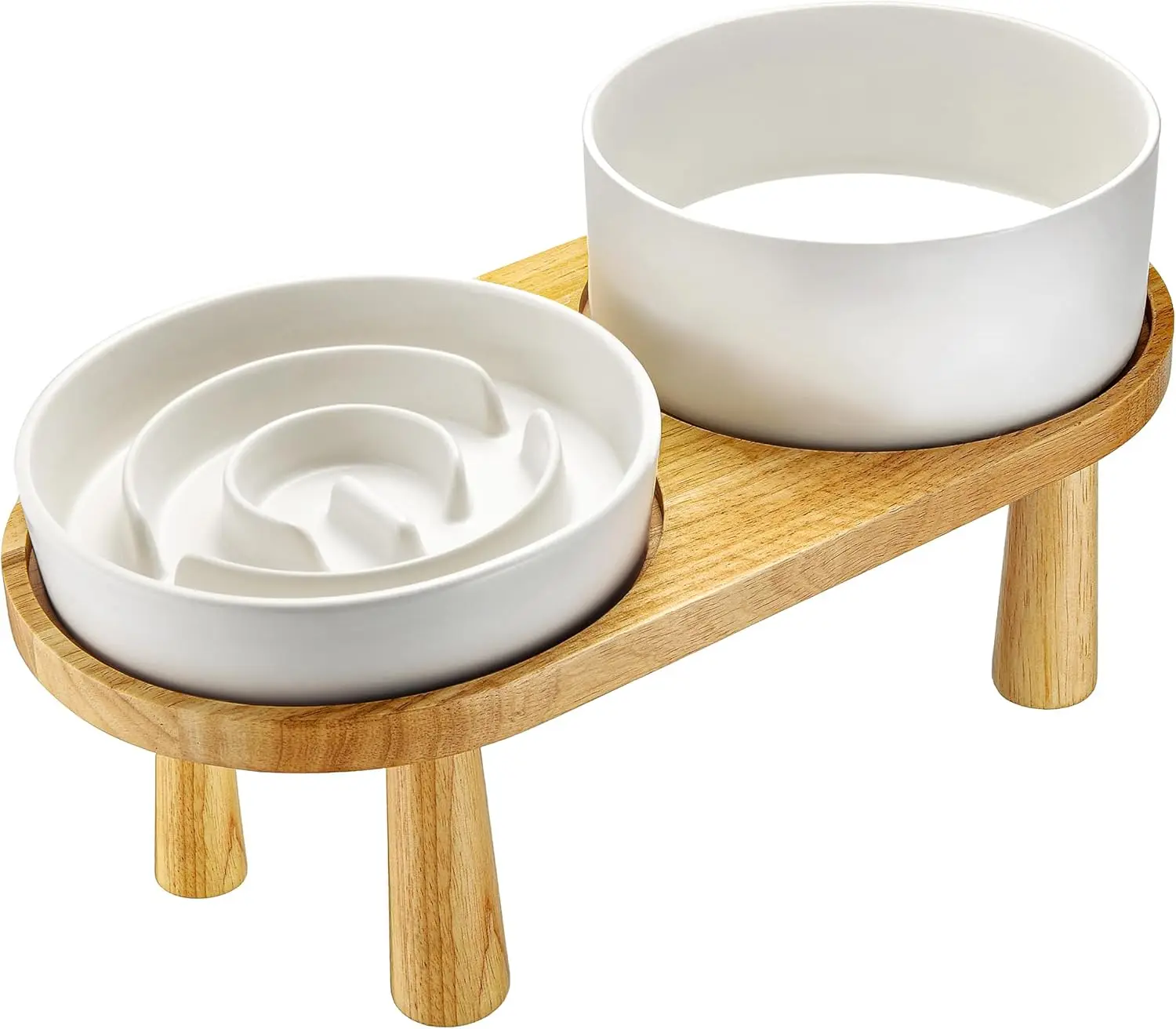 

Elevated Ceramic Slow Feeder and Water Bowl Set for Medium to Large Dogs with Wooden Stand, White