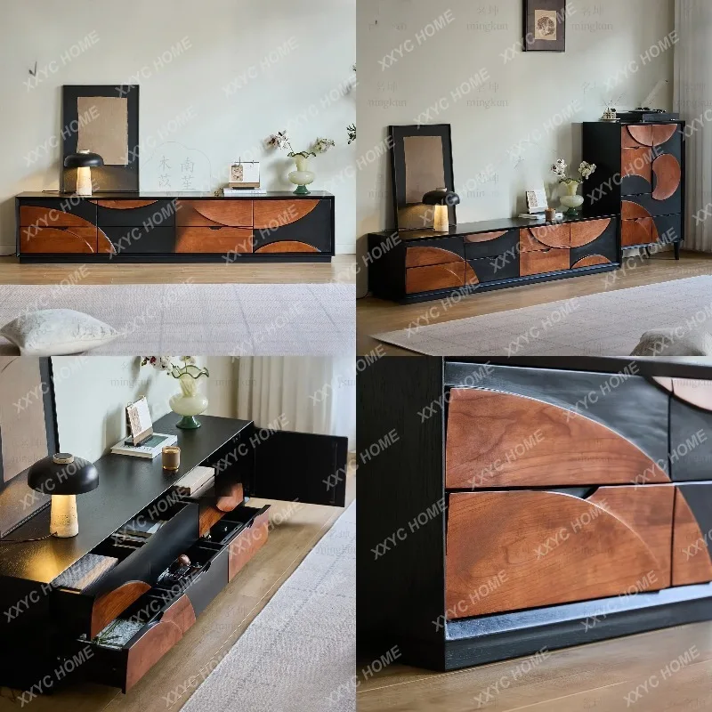 XX Cherry Wood Mid-Century TV Cabinet, Retro Art Low Storage Buffet For Small Space, Color Block Sideboard
