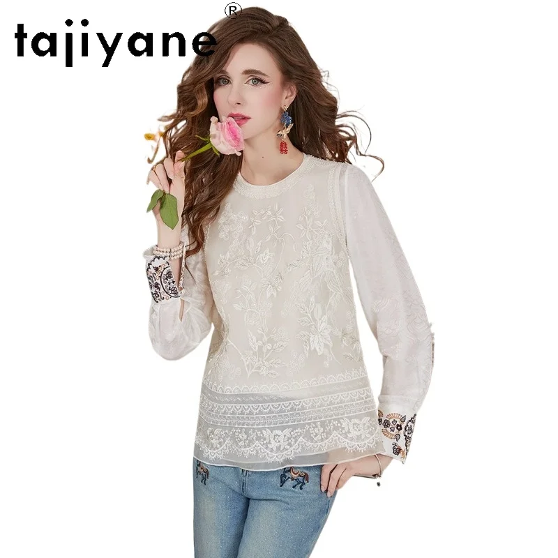 

TAJIYANE 100% Шелковая Белая Рубашка из Тутового Шелкопряда для Женщин, Вышитая Блузка с Круглым Вырезом, Элегантный Повседневный Топ, Весна 2026, Женская Одежда