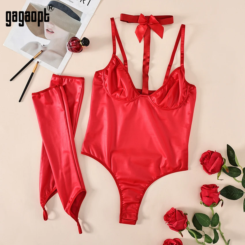 Gagaopt-Body Sexy de Navidad con medias para mujer, lencería Sexy de cuerpo porno, Tops sin entrepierna con lazo rojo, nuevo