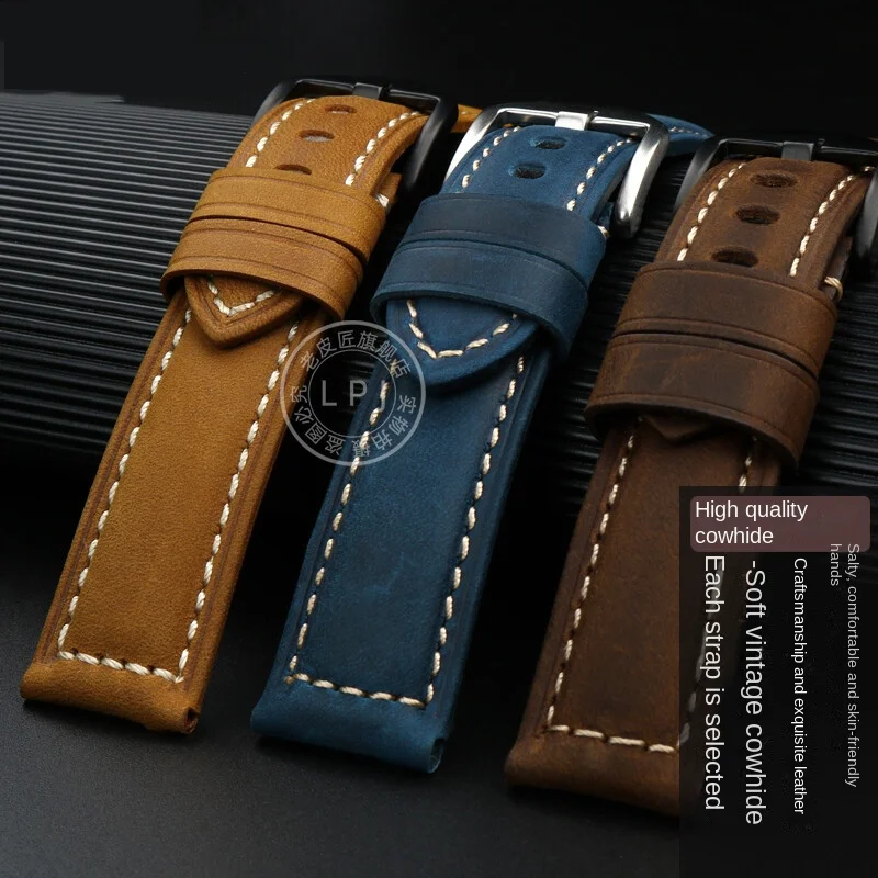 Retro matowy pasek ze skóry bydlęcej dla Panerai PAM368/389/441/359/111 męska opaska na nadgarstek niebieska ciemnobrązowa bransoletka dla Casio Breitling Seiko