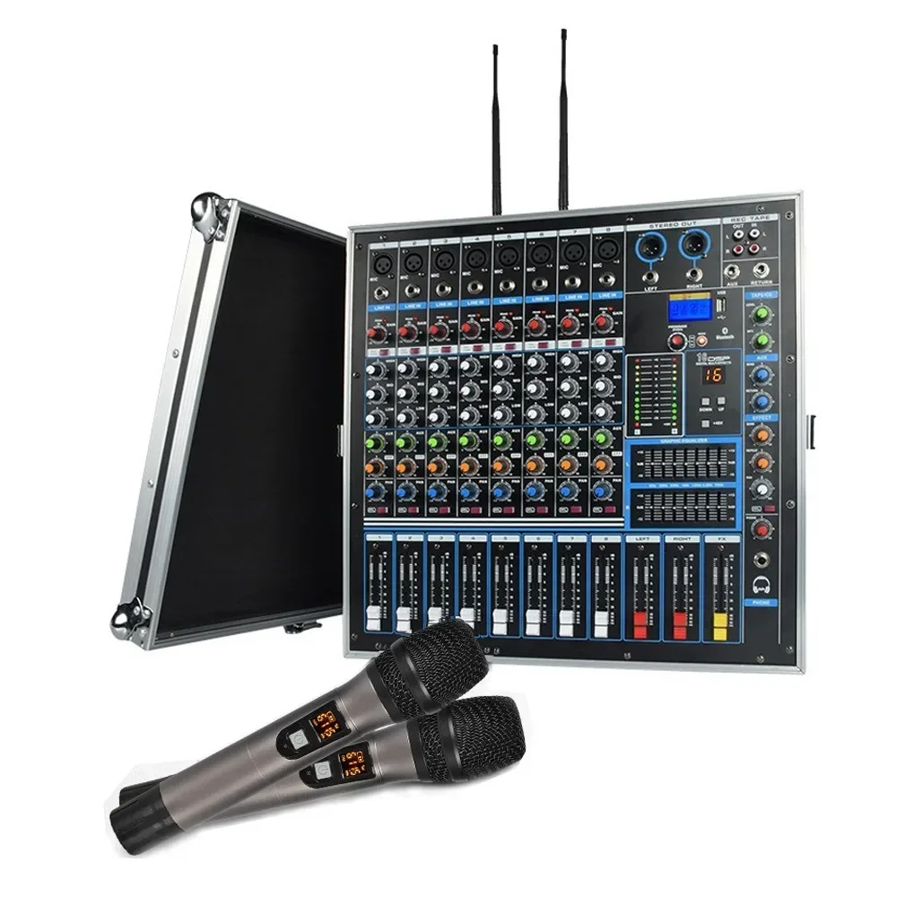 

8-канальный USB-цифровой усилитель мощности DJ мощностью 500 Вт с 2 беспроводными микрофонами