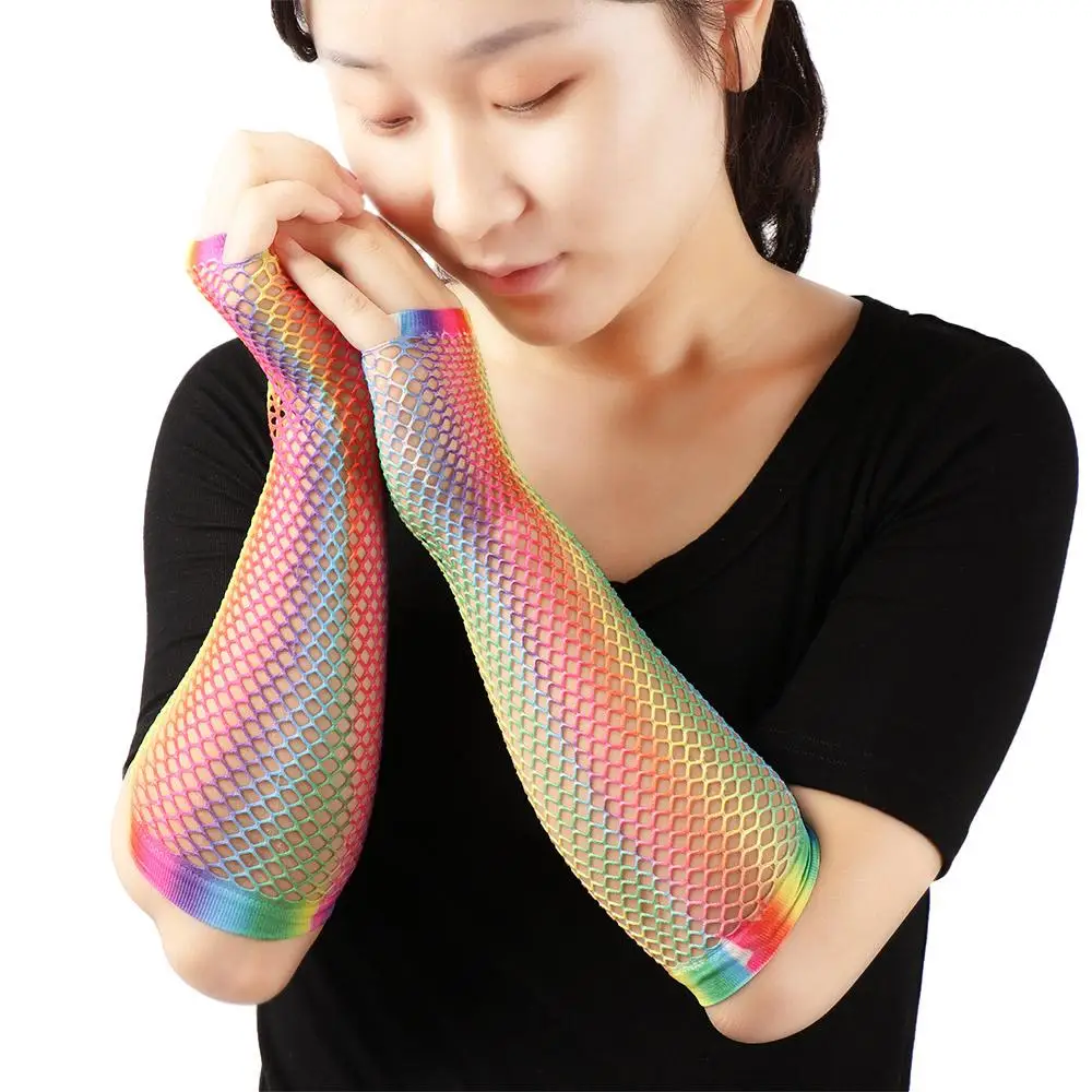 New Colorful Wedding Party Hollow Out Holes Gloves Rainbow Fingerless Mesh Net Disco Dance