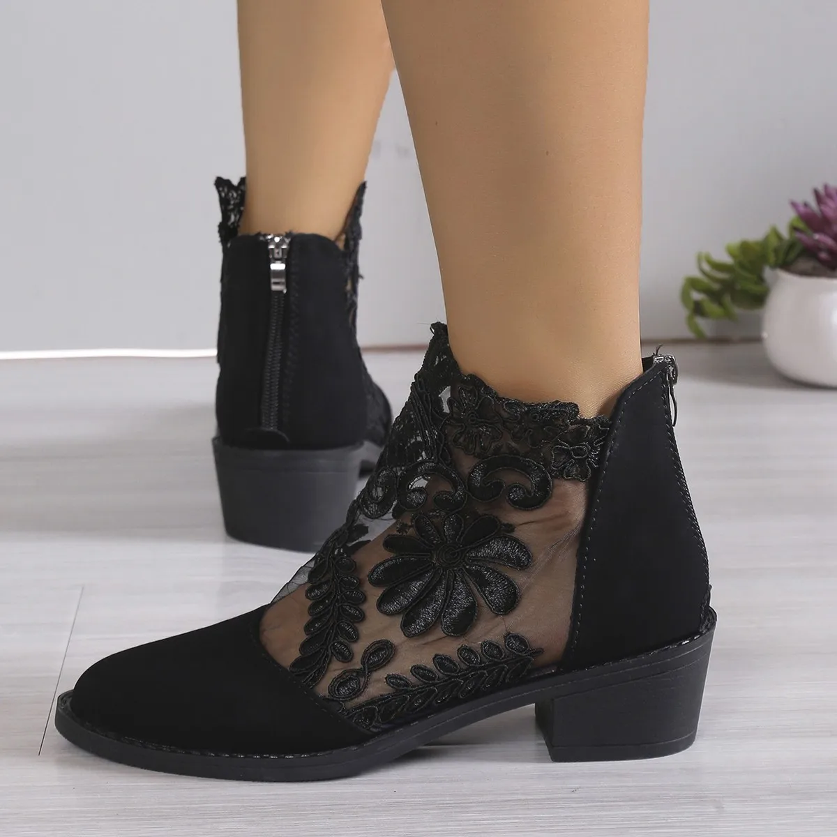 Summer Women's Ankle Boots Hot Sale Breathe Mesh Boots Fashion Round Toe Zip Ladies Shoes Sweet Flower High Heel Booties Zapatos