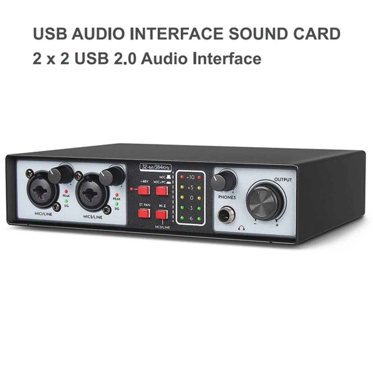 2 in 2 Out USB Audio antarmuka 32Bit/384KHZ Studio Kit merekam profesional kartu suara 48V Phantom