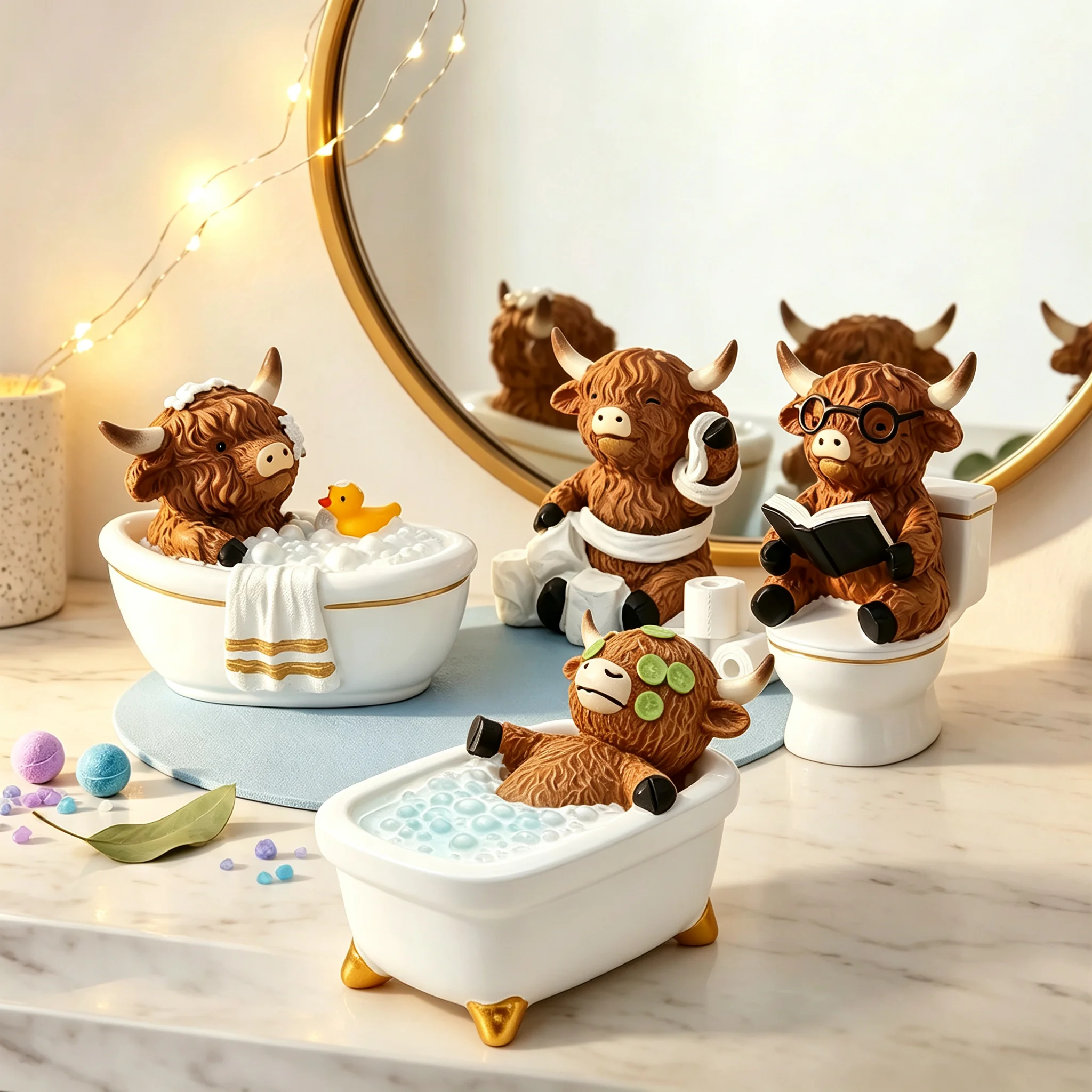 Highland Cow Bathroom Ornament Cute Resin Highland Cow Figurine Bathroom Decor Accessories for Countertop Toilet Bathtub Shelf