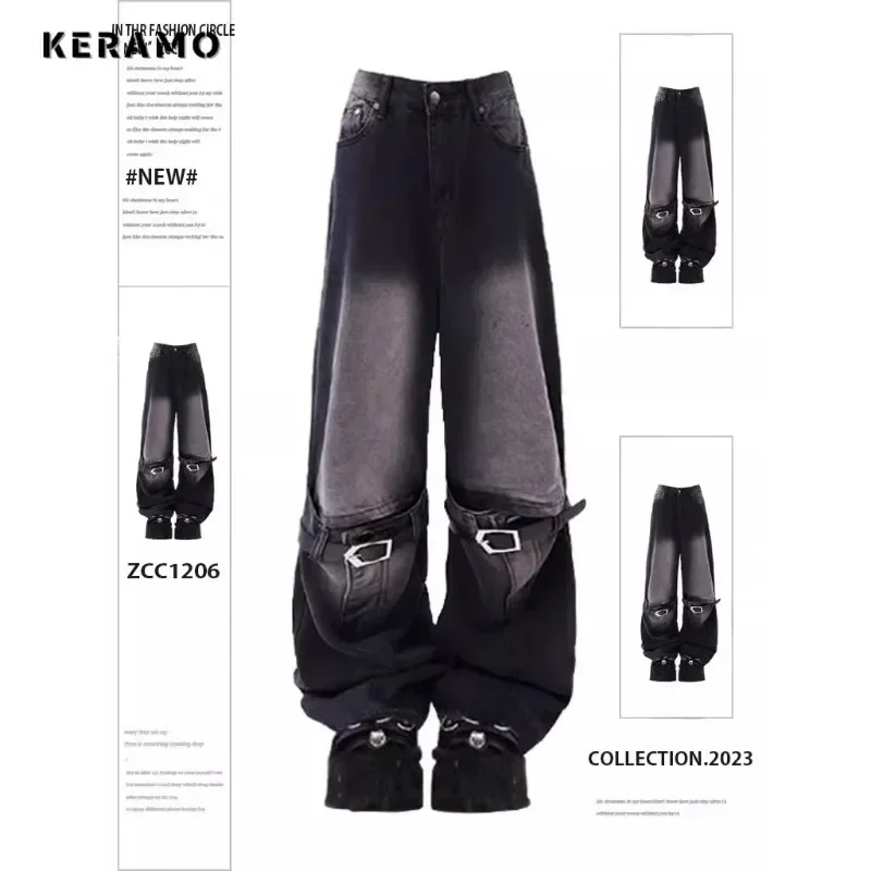 

2024 Vintage High Waist Street Style Belted Straight Jeans Gothic Pants Fashion Women's Wide Leg Punk Baggy Y2K Denim Trouser