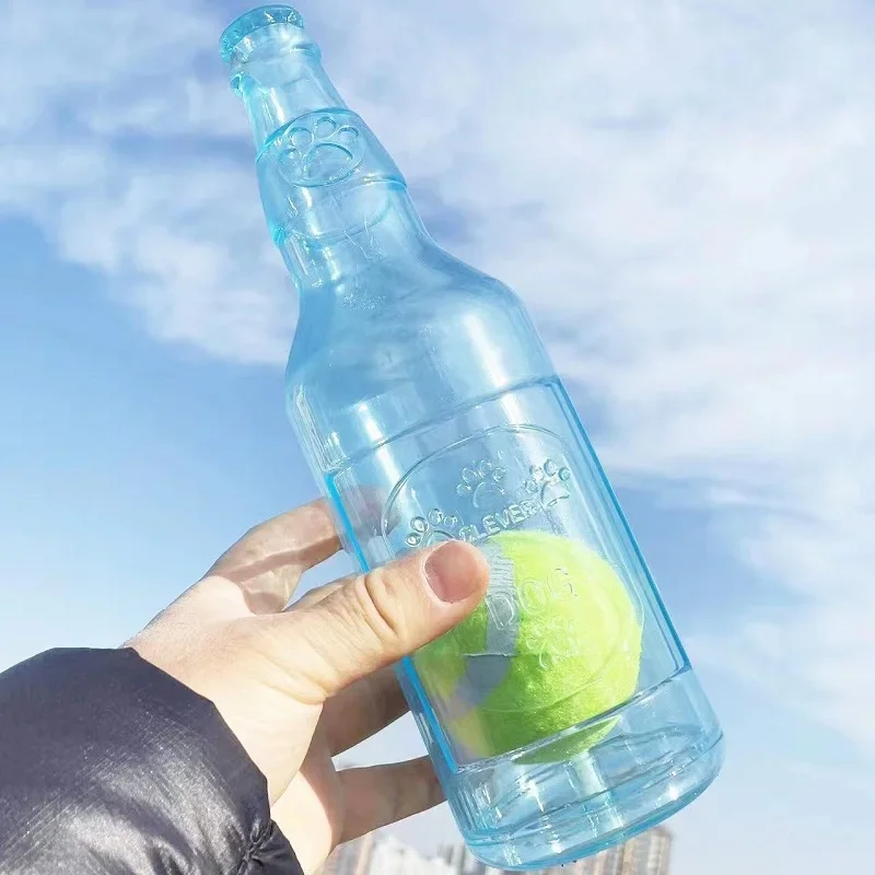 Juguete para masticar para perros, botella de cerveza de silicona chirriante con pelota de tenis, juguete para cachorros resistente a mordeduras, limpieza de dientes, suministros interactivos de juguetes para perros