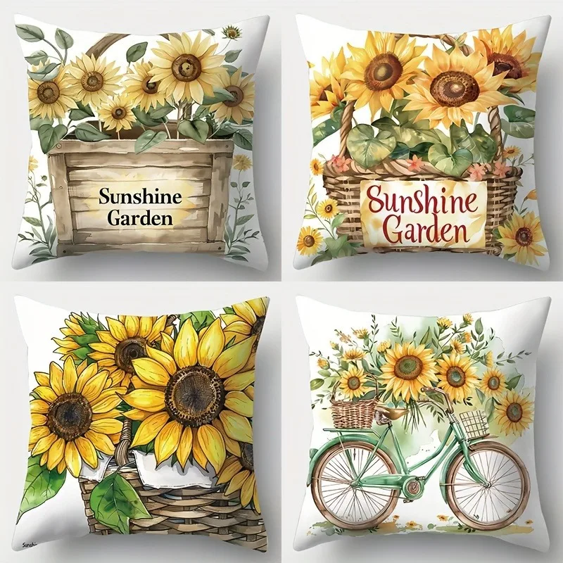 Home Decor Sunshine Garden Sunflowers Bicycle Throw Pillow Pattern Cushion Cover Suitable for Sofa Bedroom Car Pillow Cover