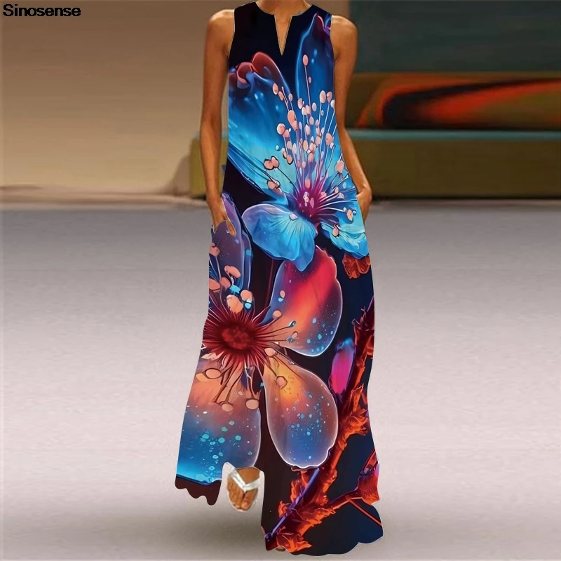 Women Vintage Floral Print Summer Boho Beach Long Dress Sexy V Neck Sleeveless Pockets Casual A Line Loose Flowy Maxi Dress 5XL