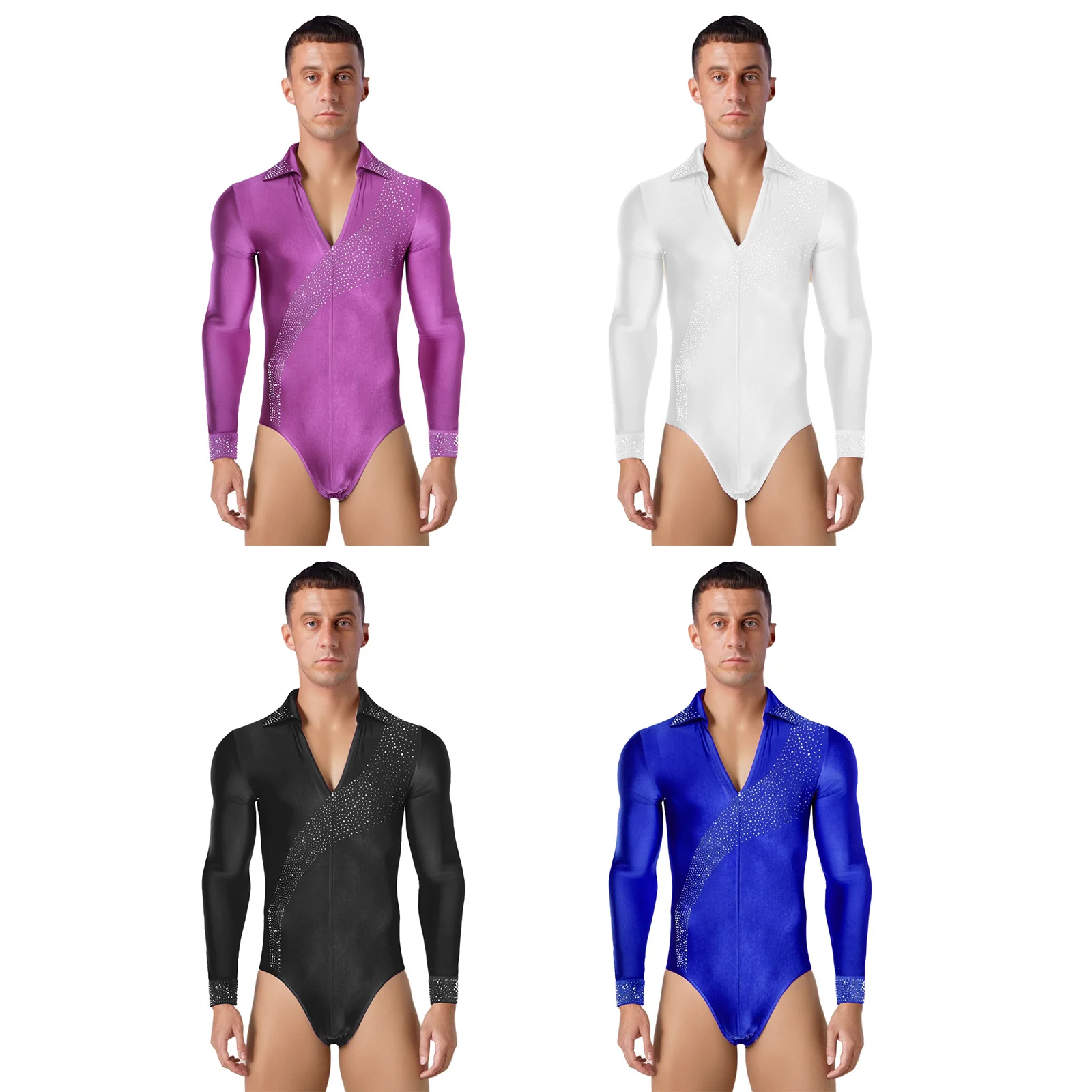 New Mens Rhinestones Ballet Latin Dance Costume Long Sleeve Bodysuit Jumpsuit Modern Dancewear for Performance Competition Party