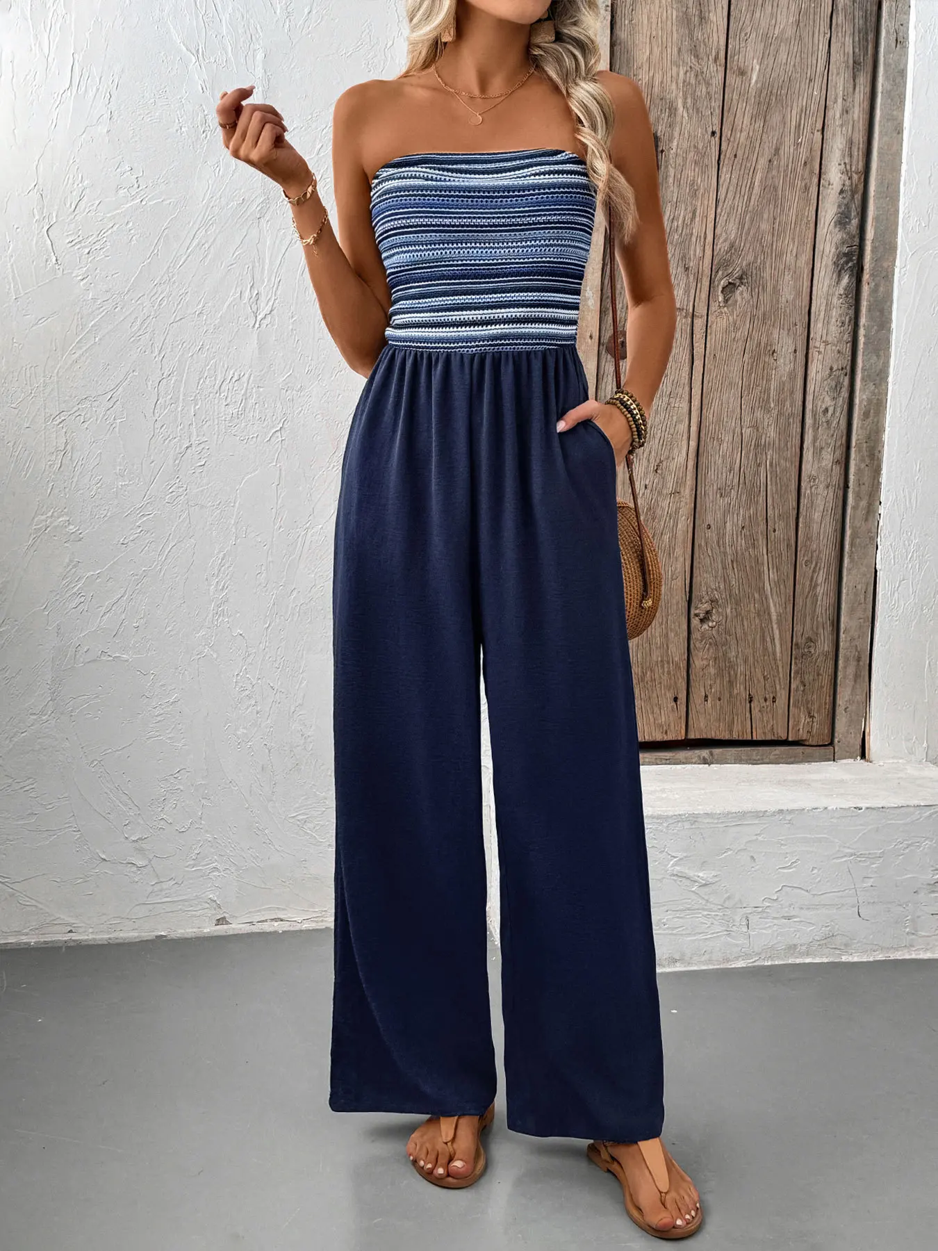 

Summer Jumpsuit Fashionable Contrasting Colors Holiday Style Clothing Sleeveless Mid-waist Wide-leg Trousers Clothes For Woman