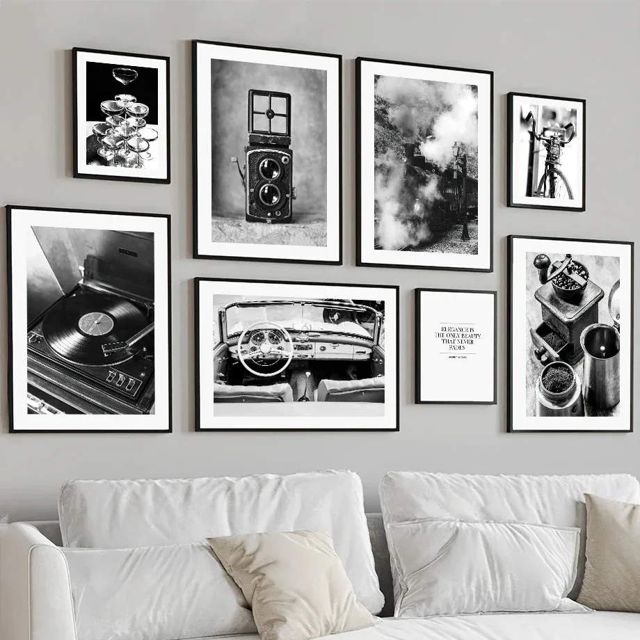 Vintage Camera Phonograph Train Champagne Nordic Posters Prints Canvas Painting Black White Wall Art Pictures Bar Room Decor