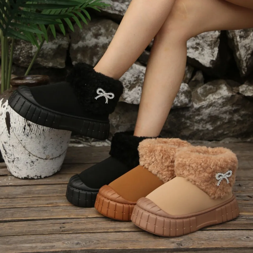 المرأة شتاء دافئ أفخم الثلوج الأحذية مكتنزة منصة الفراء حذاء من الجلد عدم الانزلاق لينة سميكة القاع Bowknot رقيق الفراء الأحذية