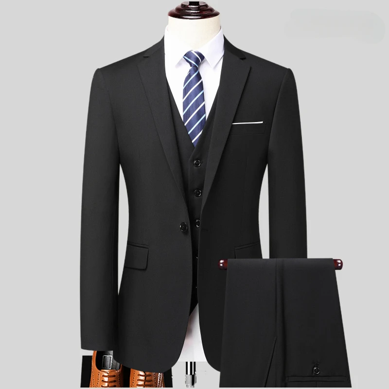 S-6XL Balck Gray (Blazer+ Vest+ Pants ) Men Business Formal Suit Slim Fit Gray Black Navy Blue 3-piece Suit Groom Wedding