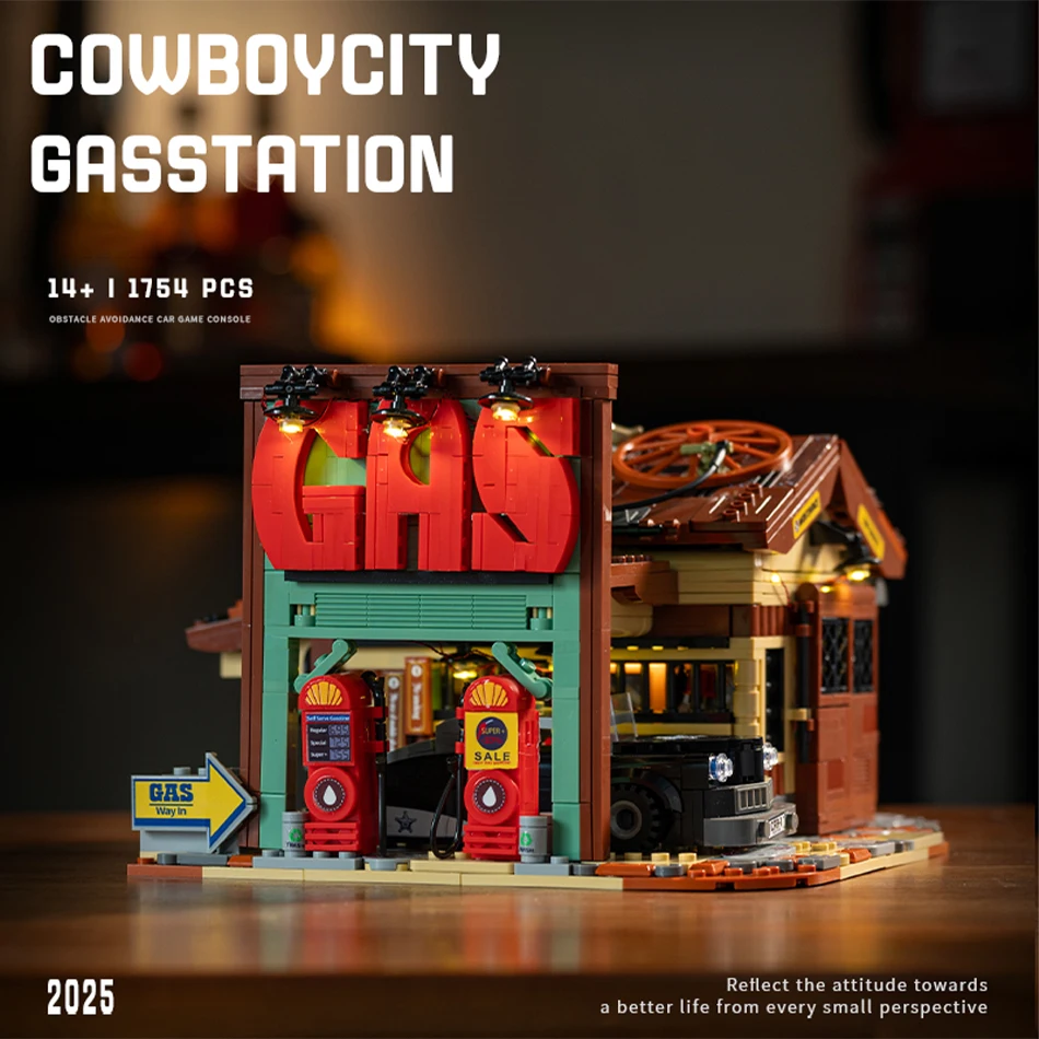 

MOC American Western Cowboy City Gas Station Trailer Street View Building Blocks Western Town Tow Truck Bricks Toys Kids Gifts