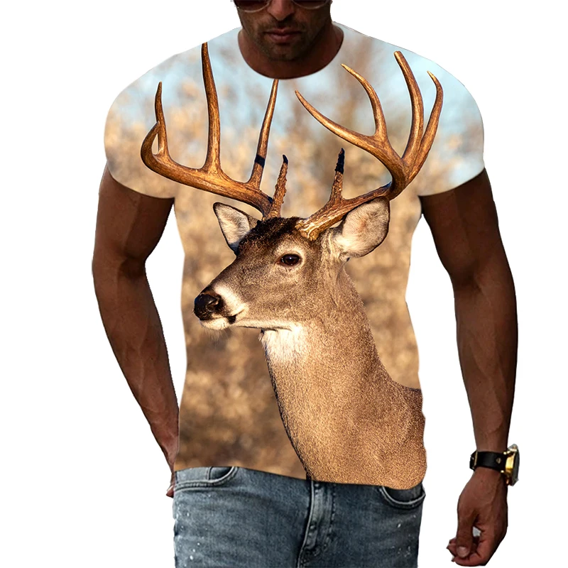 New Fashion Men's Animal Reindeer Pattern 3D T-shirt Street Hip Hop Trend Crew Neck Top Casual Personality Funny Comfortable Tee