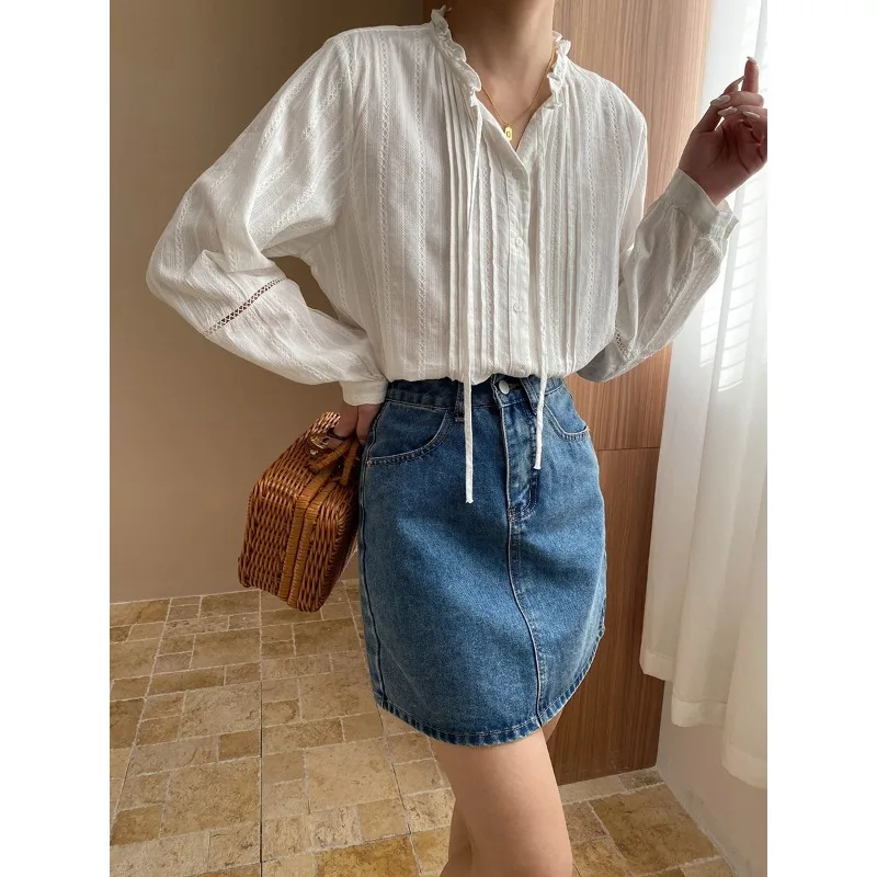 

Early Spring New French Organ Fold Wood Ear Strap Hollow Design Long Sleeve Shirt
