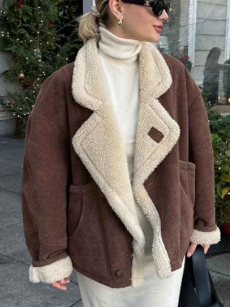 2505 جديد الشتاء سترة دافئة للنساء الشارع عادية فضفاض جيب المرقعة التلبيب سترة فام أنيقة خمر الجلد المدبوغ معاطف #4