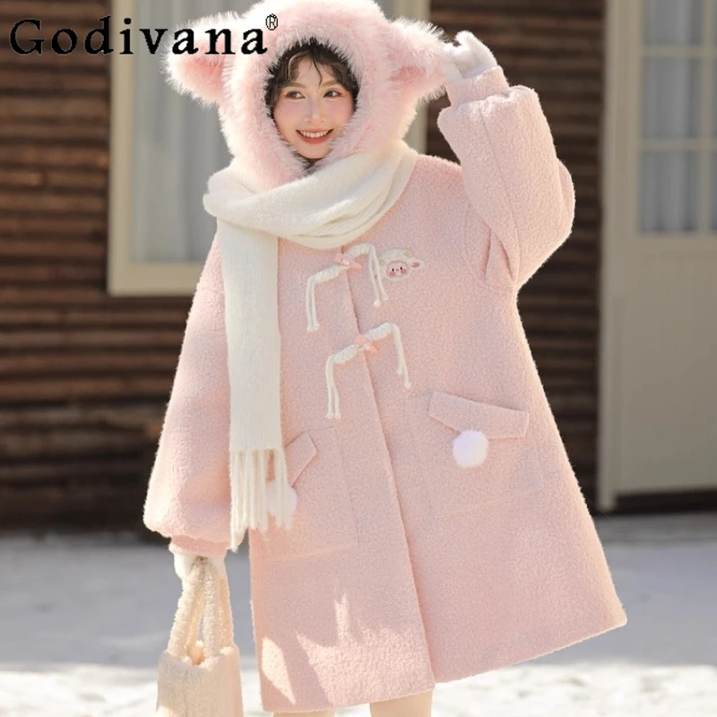 

Women's New Loose Hooded Overcoat Japanese Style Cute Embroidered Woolen Coat Female Winter High Street Pink Color Wool Coat