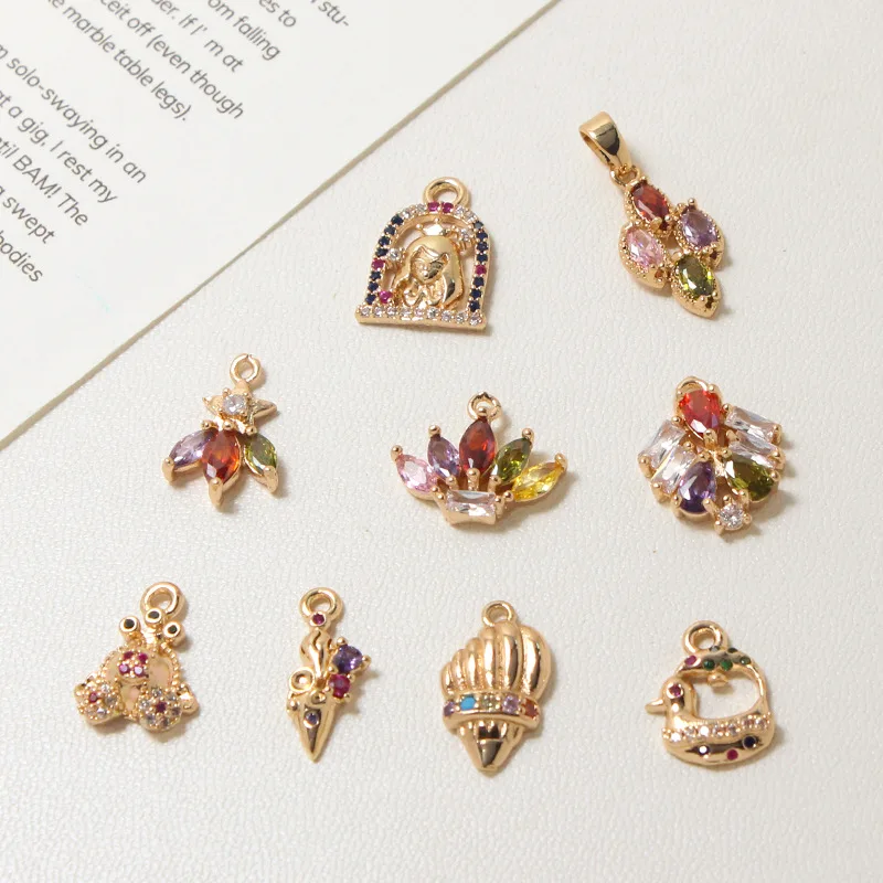 6pcs Copper Inlaid Colorful Zircon Princess Carriage Ice Cream Floral Pendant Diy Earrings Bracelet Necklace Material Charms