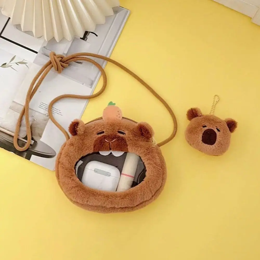 Plush Capybara Coin Purse Cartoon Headphone Bag Kapybara Mini Bag Lipstick Storage Children Gift Plush Doll Messenger Bag Girls