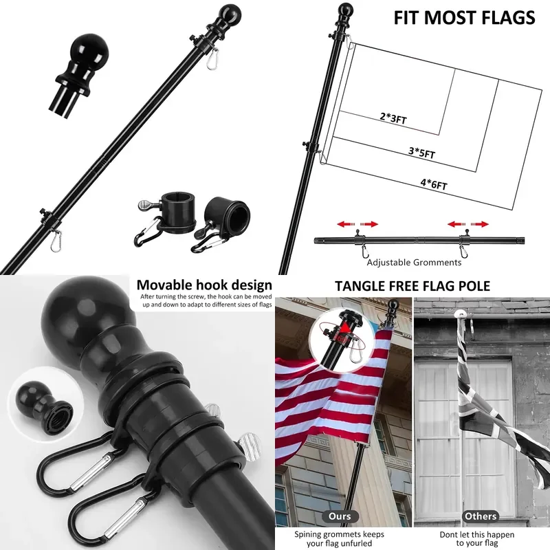 1.8M Stainless Steel Telescopic Flag Pole Wall Mount with Tangle-free 360 Rotating Rings Guide Banner Flag Pole Holder