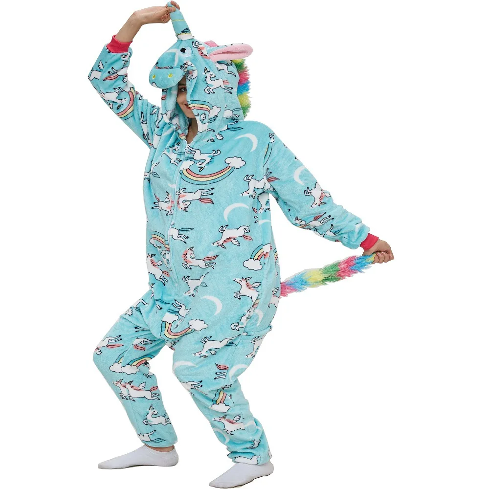 Blue Flying Horse flanella con cappuccio pigiama di un pezzo Cartoon Button tutina coppia Sleepwear abbigliamento per il tempo libero Halloween