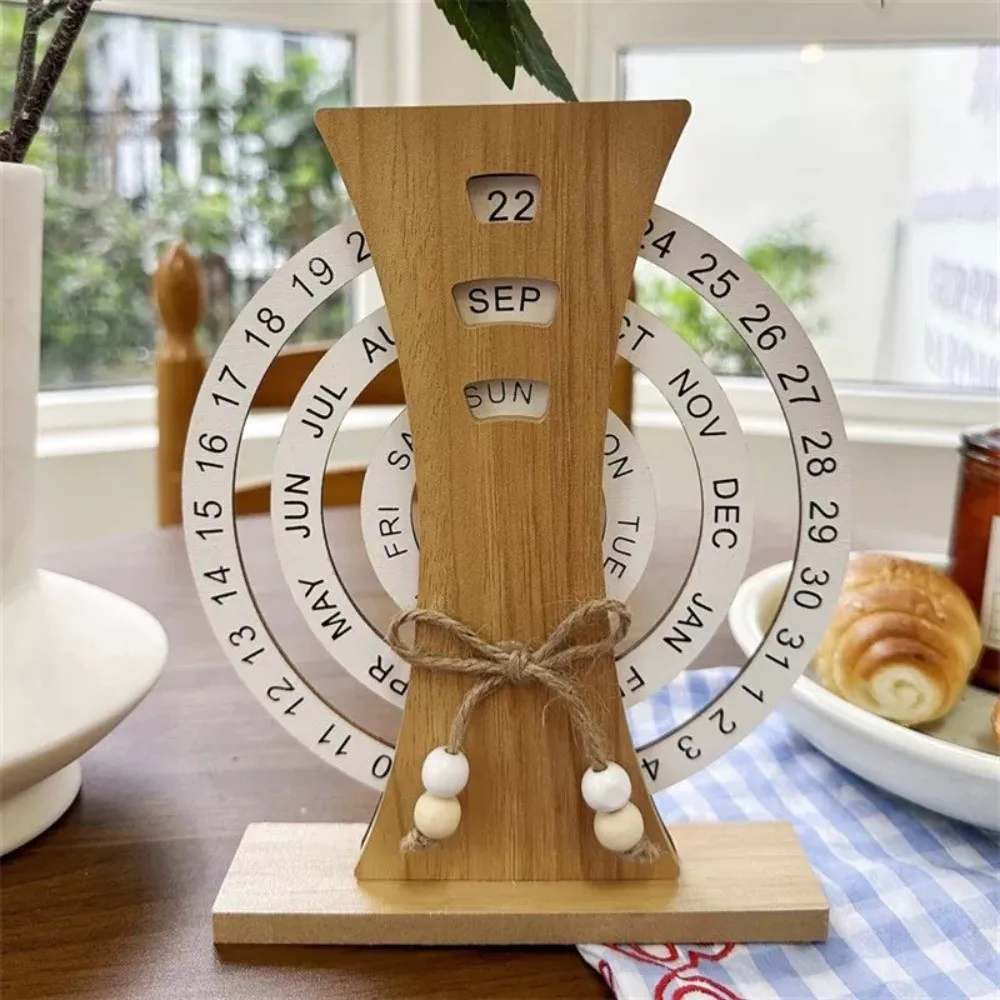 

Aesthetic Wooden Perpetual Calendar Reusable Ferris Wheel Manual Rotating Desk Calendar Moon Home Decoration