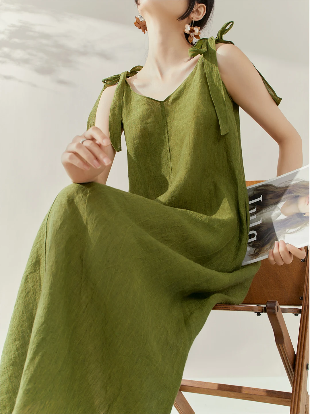 Eleganckie francuskie sukienki letnie w stylu casual na wakacje, sznurowane, z kokardą, na ramiączkach, z dekoltem w serek, z wysoką talią, luźne, w kształcie litery A, bez pleców, zielona długa sukienka damska.