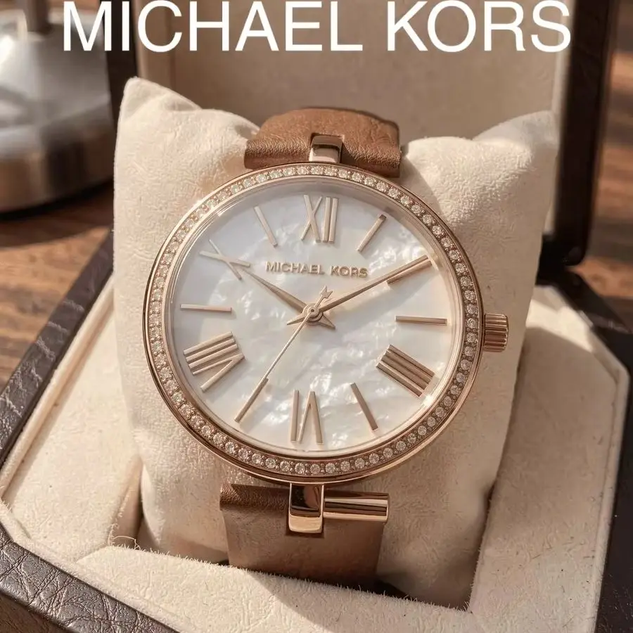 MK Ladies Watch, Mother of Pearl Dial, Pave Crystal Bezel, Roman Numerals, Brown Leather Strap, Rose Gold Quartz Wristwatch