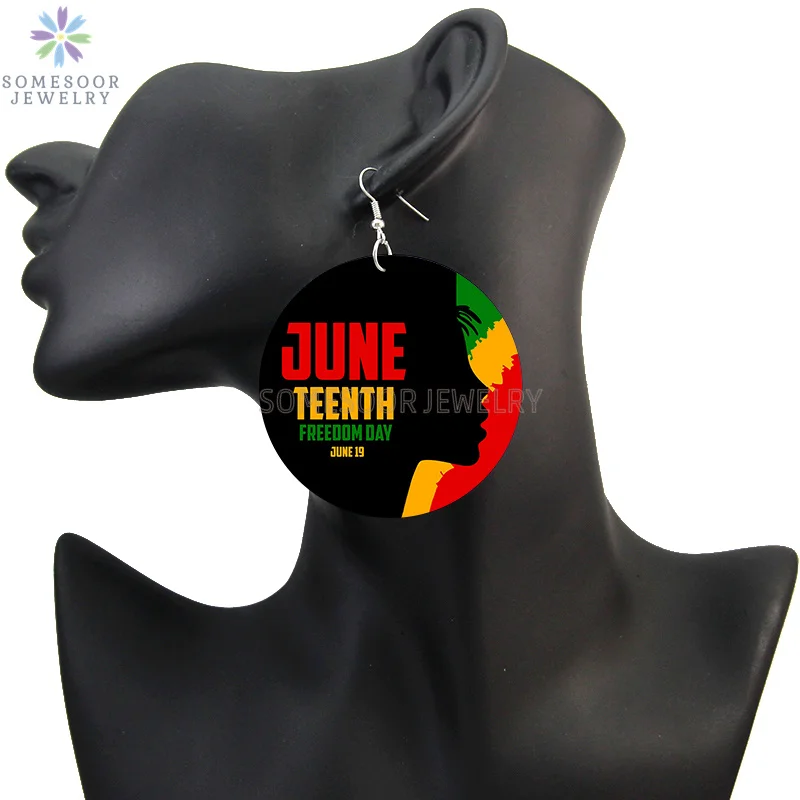 SOMESOOR Juneteenth Festival Afro Wooden Drop Earrings For Women Gifts American Freedom Black History Print Wood Dangle Jewelry