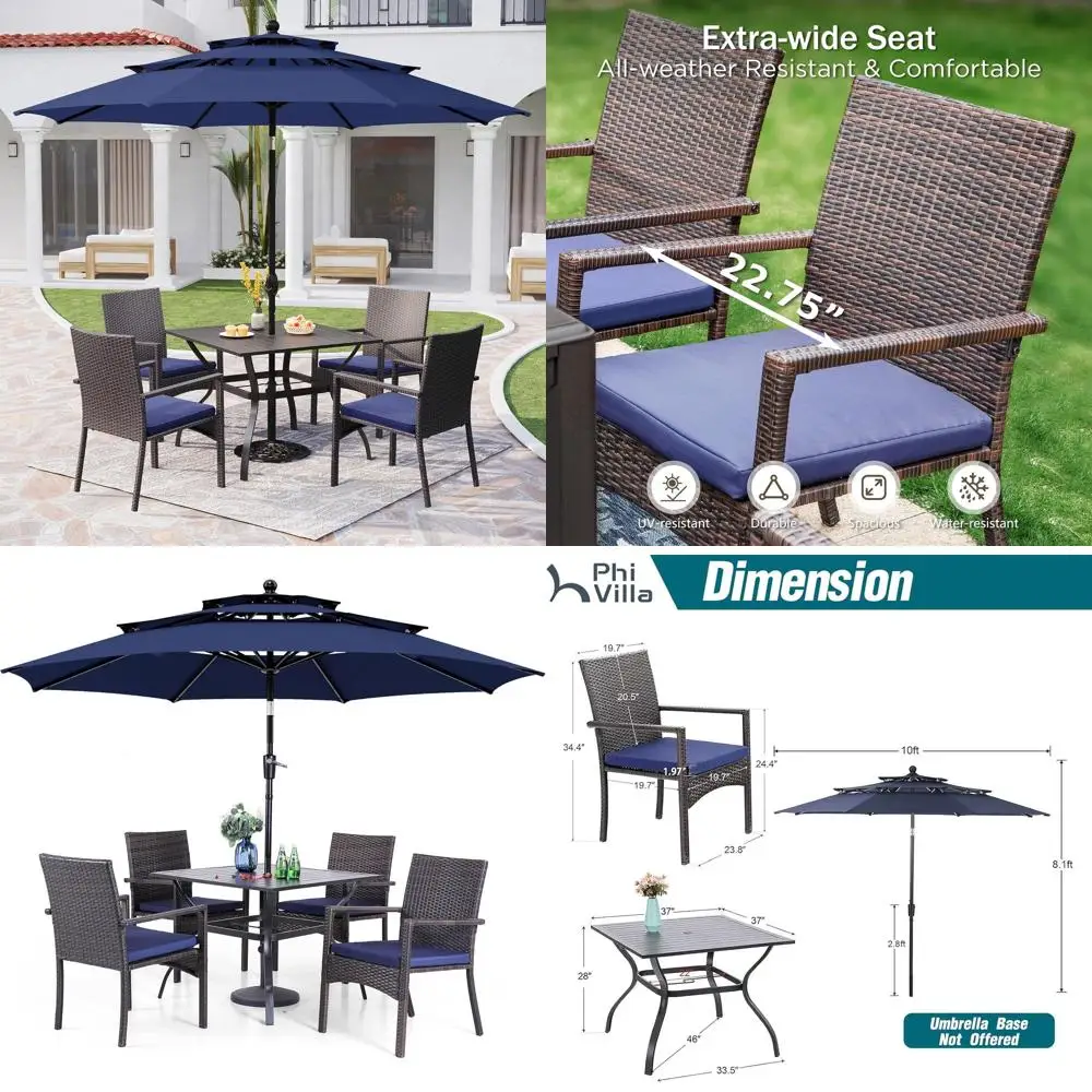 

Комплект для обеда на открытом воздухе из 5 предметов: квадратный металлический стол 37 дюймов с мягкими стульями из ротанга и синим зонтом для патио, террасы или двора.